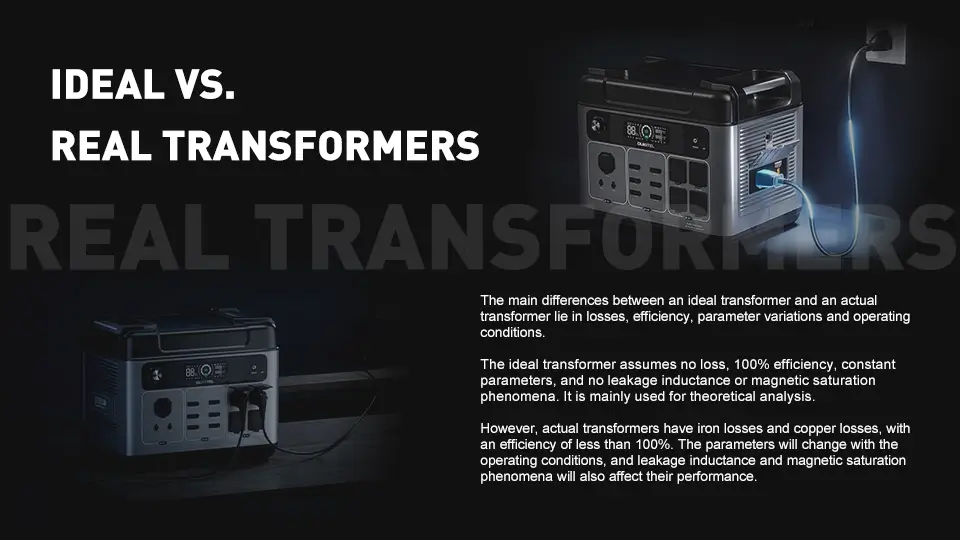 Comparison of ideal and real transformers showcasing their differences.